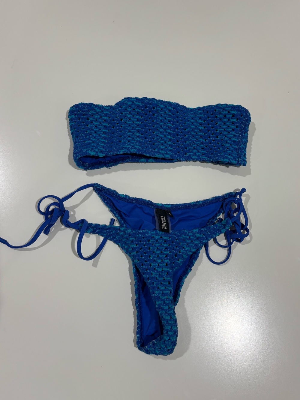 triangl swimwear Blue Textured Bandeau & Tie-Side Bikini Set